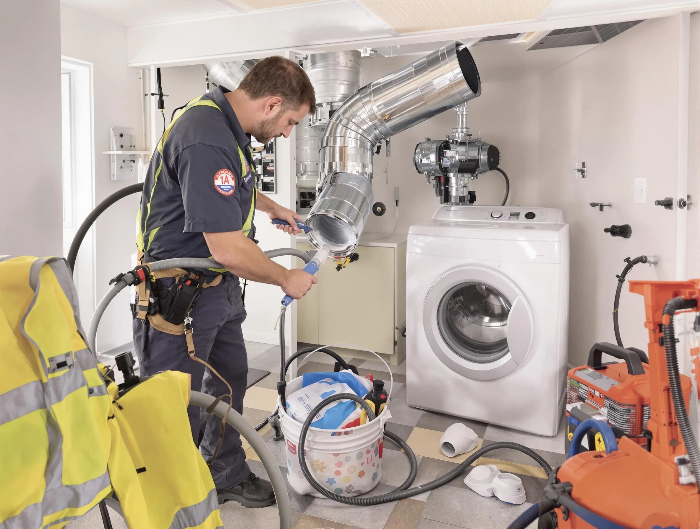 Apache Junction Dryer Vent Cleaning technician using specialized equipment to clear severe dryer vent blockage in Apache Junction