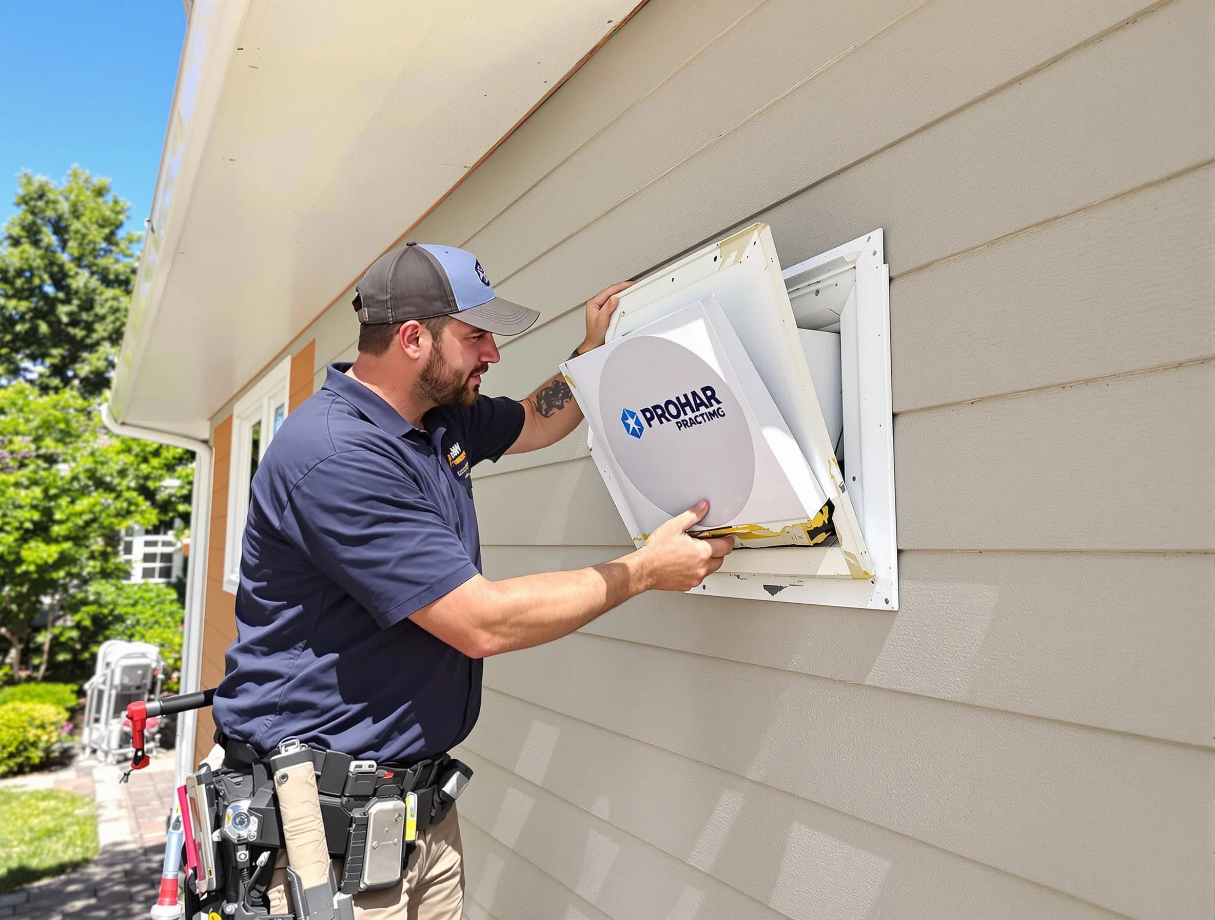 Apache Junction Dryer Vent Cleaning technician installing a new protective dryer vent cover on a home in Apache Junction