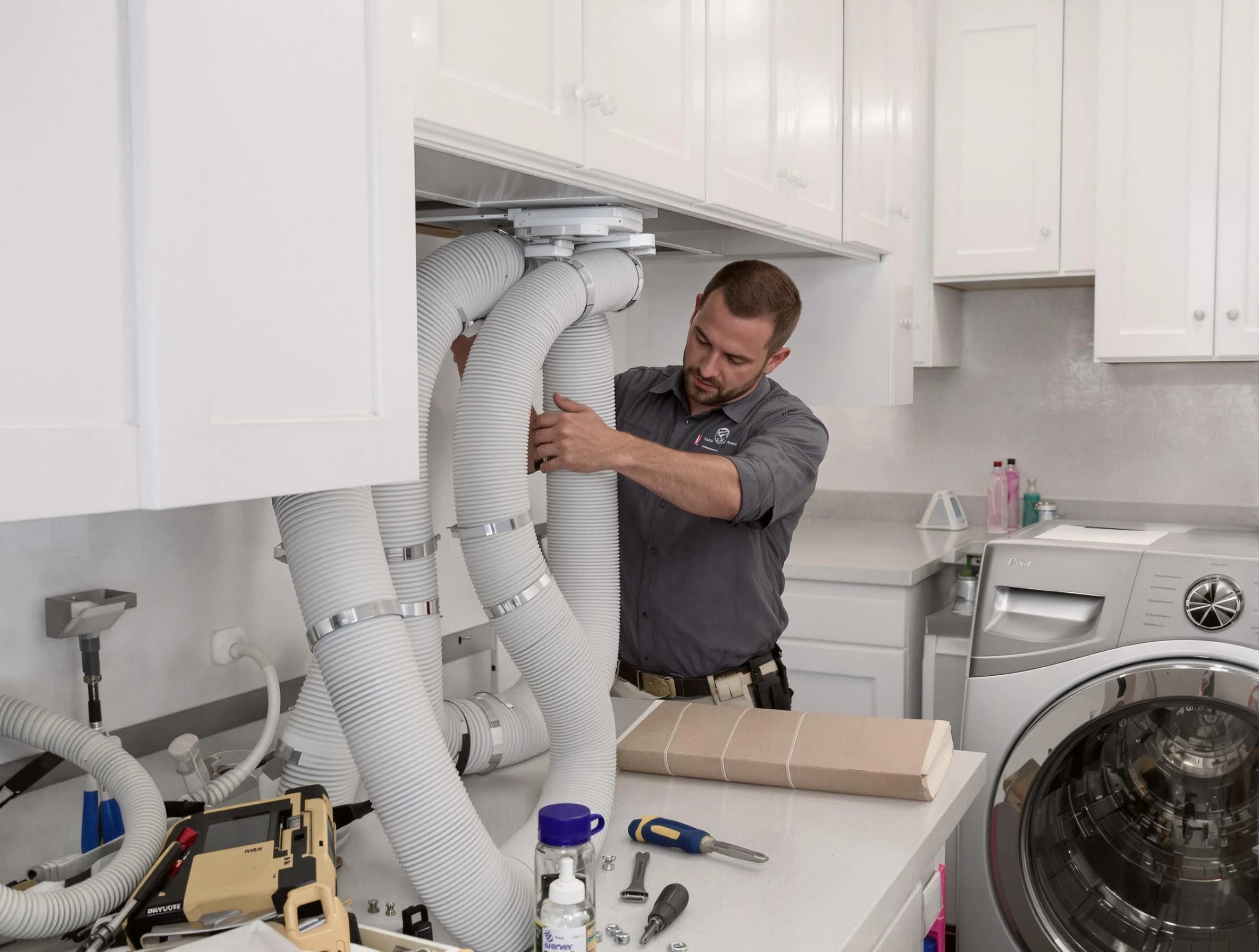Apache Junction Dryer Vent Cleaning technician installing a new professional-grade dryer vent hose in Apache Junction