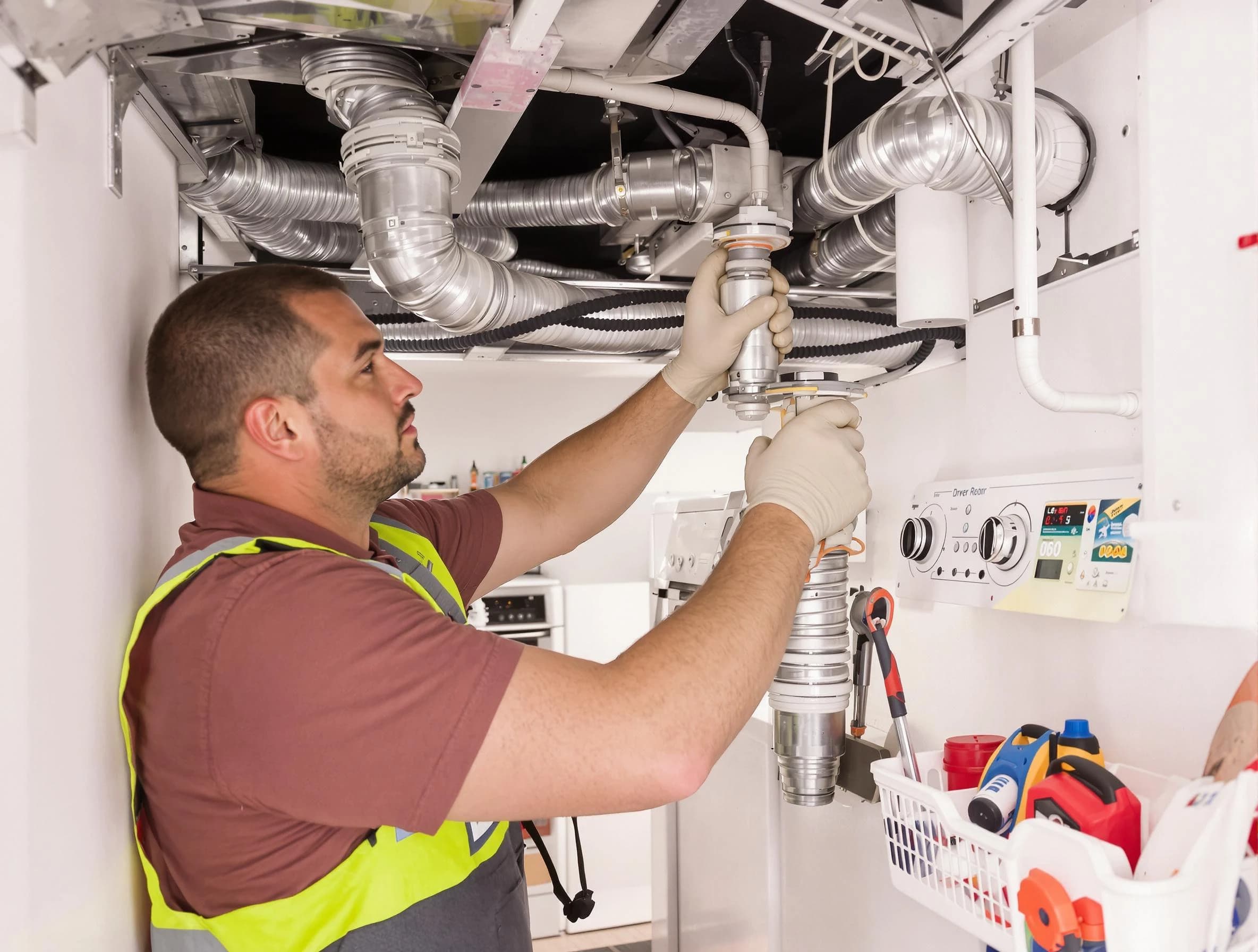 Apache Junction Dryer Vent Cleaning expert performing both repair and installation work on a dryer vent system in Apache Junction