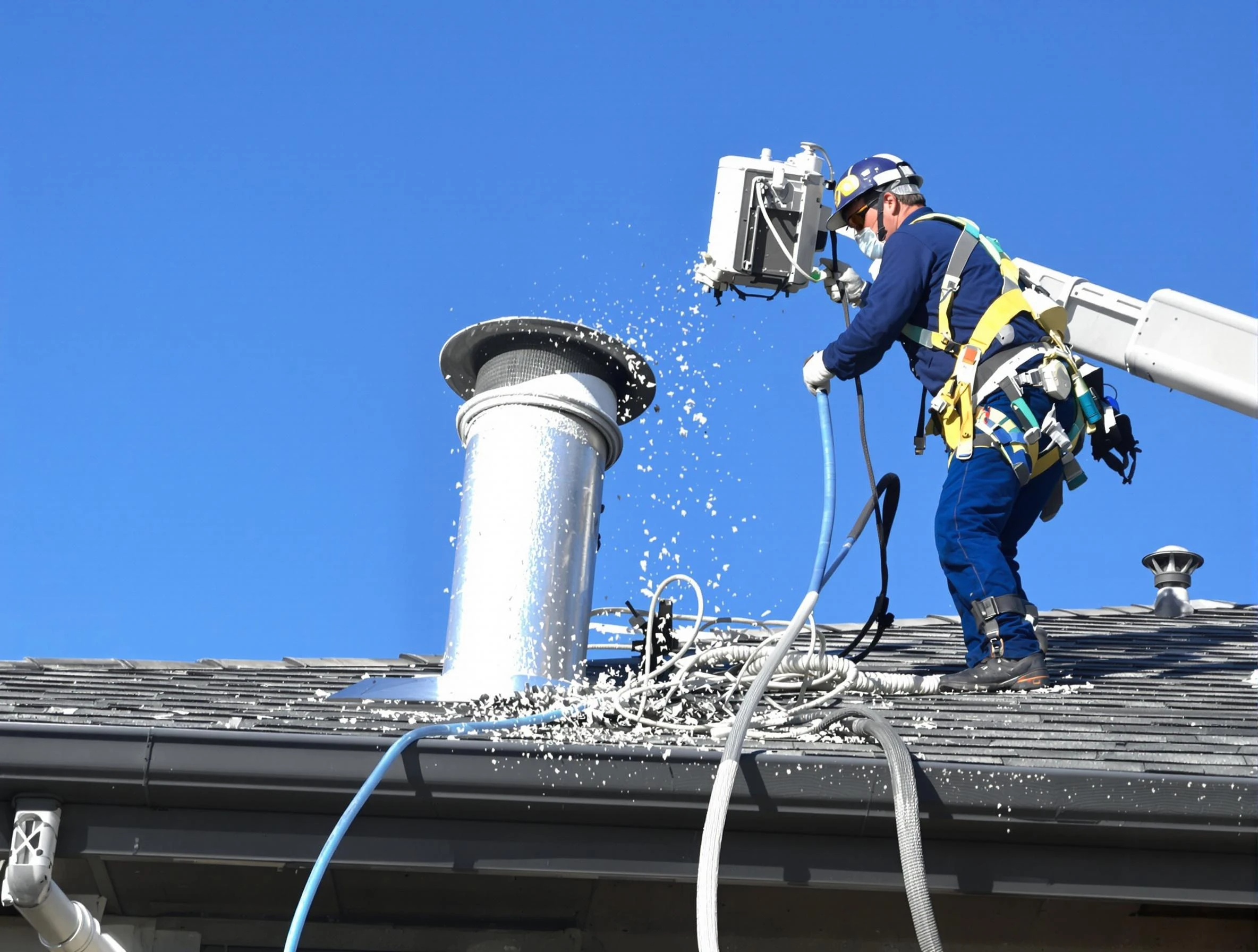 Apache Junction Dryer Vent Cleaning certified technician safely cleaning a roof-mounted dryer vent in Apache Junction